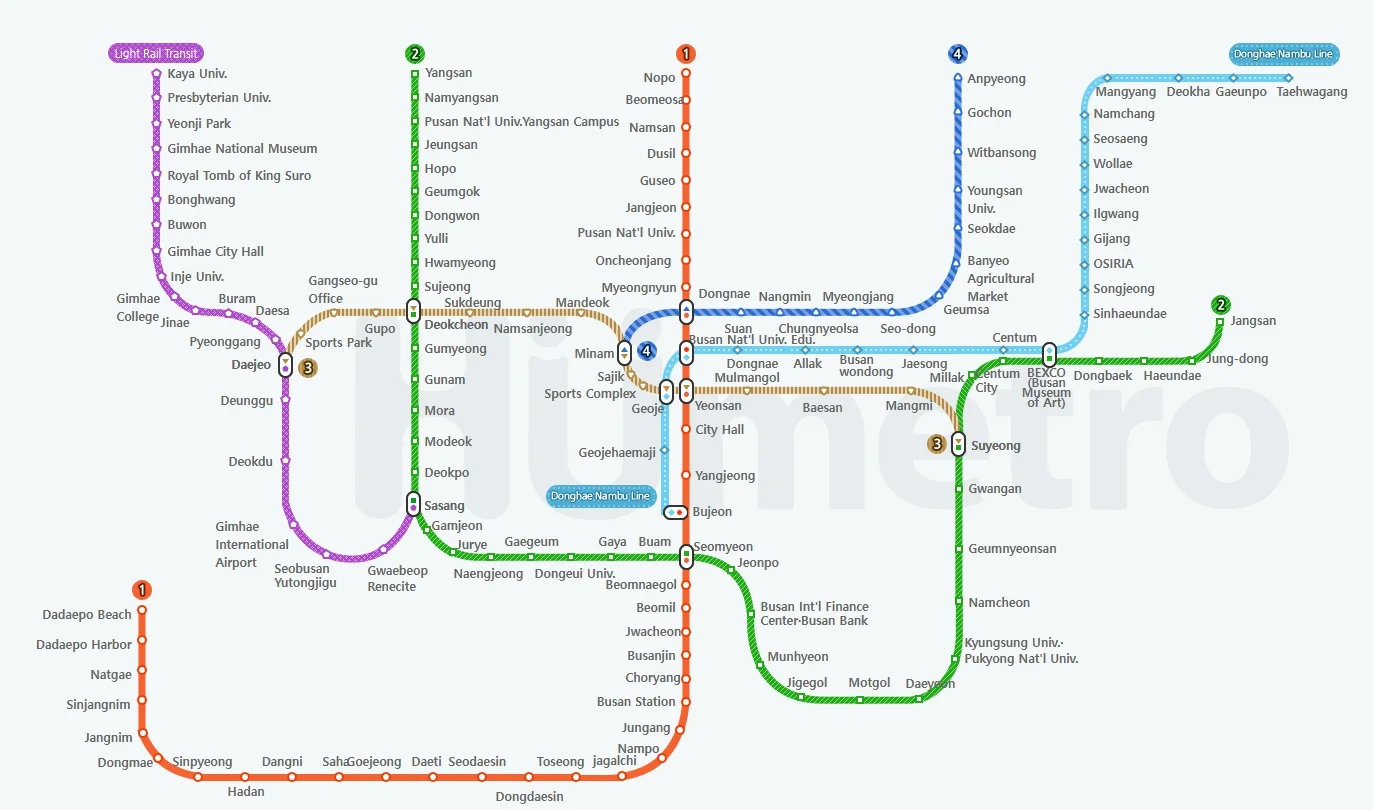 Busan metro and light rail route map showing Lines 1-4, the Busan-Gimhae Light Rail and the Donghae Line